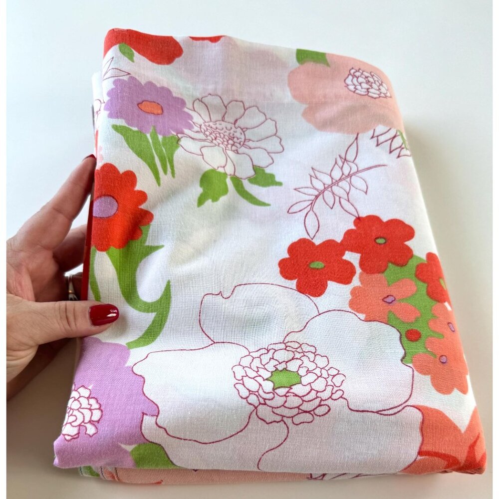 Vintage 70s flat sheet, bold floral, coral, red, purple, twin size bed, for each